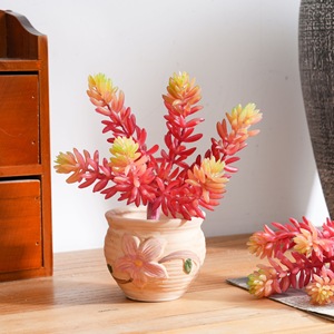 Plante artificielle succulente en PVC souple, lotus de jade à six têtes, décoration de mariage, artisanat, couleur rouge automne - Product Image 1