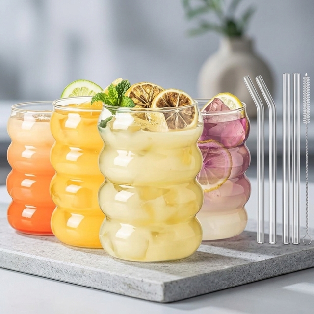 High Quality 4 Pack 12oz High Borosilicate Glass Cup Iced Coffee Cup Bubble Glasses Drinking Glasses with Lid and Straw