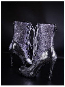 Damen Silber Schlangenmuster Glitzer Tanzstiefel Schnürung Peep Toe Stiletto High Heels Latein Jazz Salsa Schuhe Größe 34-46 - Product Image 3