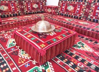 Ensemble de coussins de sol d'angle oriental Belkiz Nomad Anatolian, brodés, tissés, vintage, rouge, avec garnissage en mousse densité 22