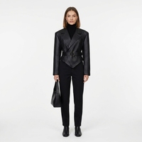 Blouson en peau de mouton véritable blanc cassé pour femme, col ouvert, écologique, anti-plis, uni, automne, court, ourlet asymétrique, ceinturé