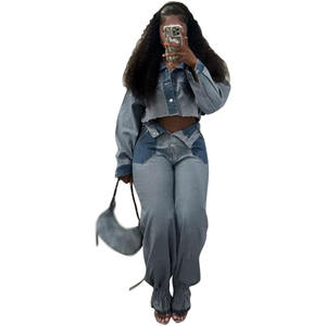 Casual Long Sleeve Turn-down Collar <b>Colour</b> Block Denim Trousers Two Piece <b>Set</b> for Women Fashion - Product Image 1