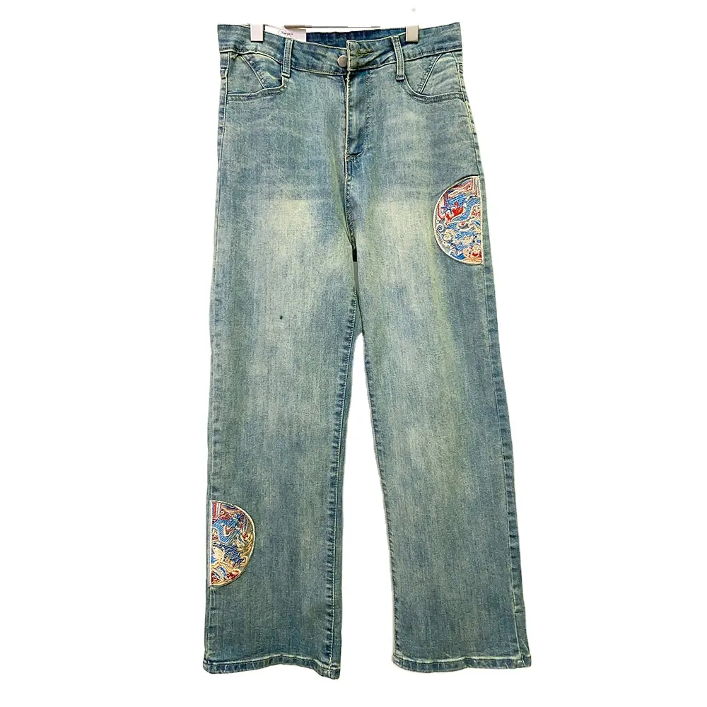 Op Maat Gemaakte Patchwork Geborduurde Denim Met Rechte Pijpen En Distressed Baggy Jeans