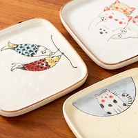 Handbemaltes Niedliches Motiv-Keramik-Tellerset, Quadratische Snackteller mit Katzen- und Koi-Fisch-Designs für den Hausgebrauch