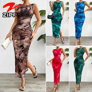 Abito <span class=keywords><strong>Midi</strong></span> stile personalizzato di alta qualità senza maniche <span class=keywords><strong>con</strong></span> stampa floreale <span class=keywords><strong>con</strong></span> <span class=keywords><strong>spacco</strong></span> <span class=keywords><strong>laterale</strong></span> aderente elegante abito in Mesh - Product Image 1