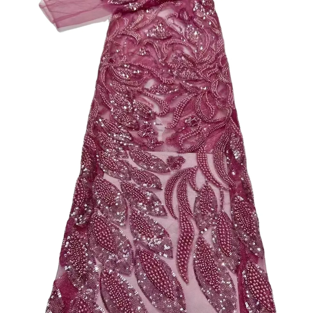 Nuevo lujo francés cuentas y lentejuelas bordado tela de encaje europeo con cuentas tul encaje vestido de novia costura