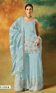 Heavy Faux Georgette con trabajo de secuencia de bordado pesado de 3mm con traje paquistaní de seda Santoon - Product Image 2