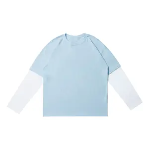 낮은 moq 파란색과 흰색 티셔츠 남성용 맞춤 dtg 인쇄 앞뒤 t 셔츠 특대 더블 레이어 긴 소매 티셔츠