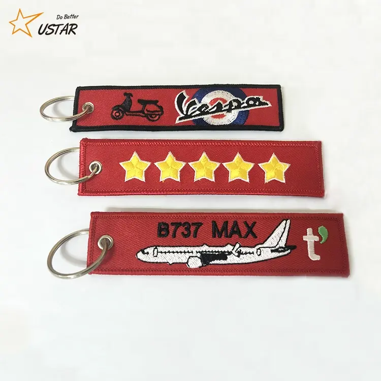 Best Factory Custom Made Brand Logo Red Woven Key Tag, Flight Crew Fabric Embroidery Keychain