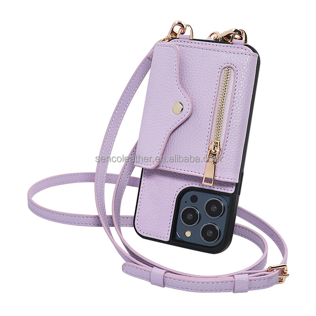 Genuine Leather Wallet Mobile Phone case With Ring Cross Body Lanyard Strap Phone for iphone 14