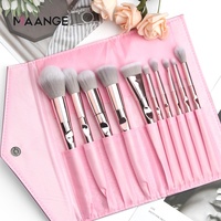 MAANGE Lot de 10 pinceaux de maquillage végétaliens avec logo personnalisé dans une pochette en PVC pour sac à cosmétiques Bling Glitter Pink Private Label Set de pinceaux de maquillage