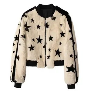 2024 Newest Star Pattern Beige Color Long Sleeve Thick Sweet Girl's Cardigan Natural Rabbit Fur Coat