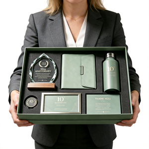 Coffret cadeau de luxe pour le 10e anniversaire avec carnet en cuir, trophée en cristal et bouteille personnalisée pour célébration d'entreprise - Product Image 1