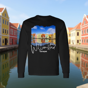 T-shirt a maniche lunghe Willemstad Curacao con design colorato del paesaggio urbano - Product Image 3