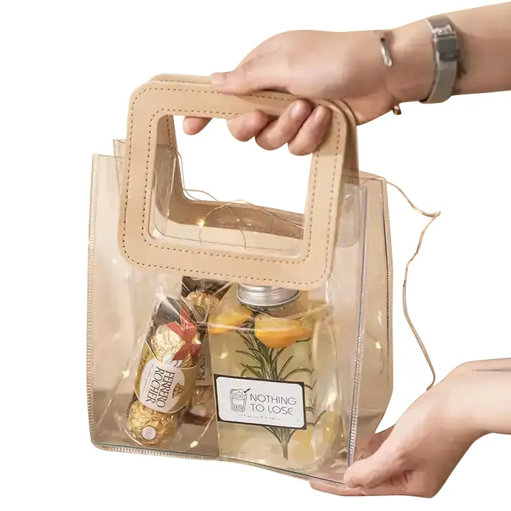 Yeniden PVC plastik hediye Wrap Tote çanta su geçirmez şeffaf plastik hediye kulplu çanta