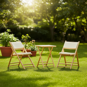 Set Bistrot in Bambù con Tessuto Crema e Cuscini in Schiuma, Arredamento da Giardino Pieghevole per 2 Posti, Design Minimalista - Product Image 2