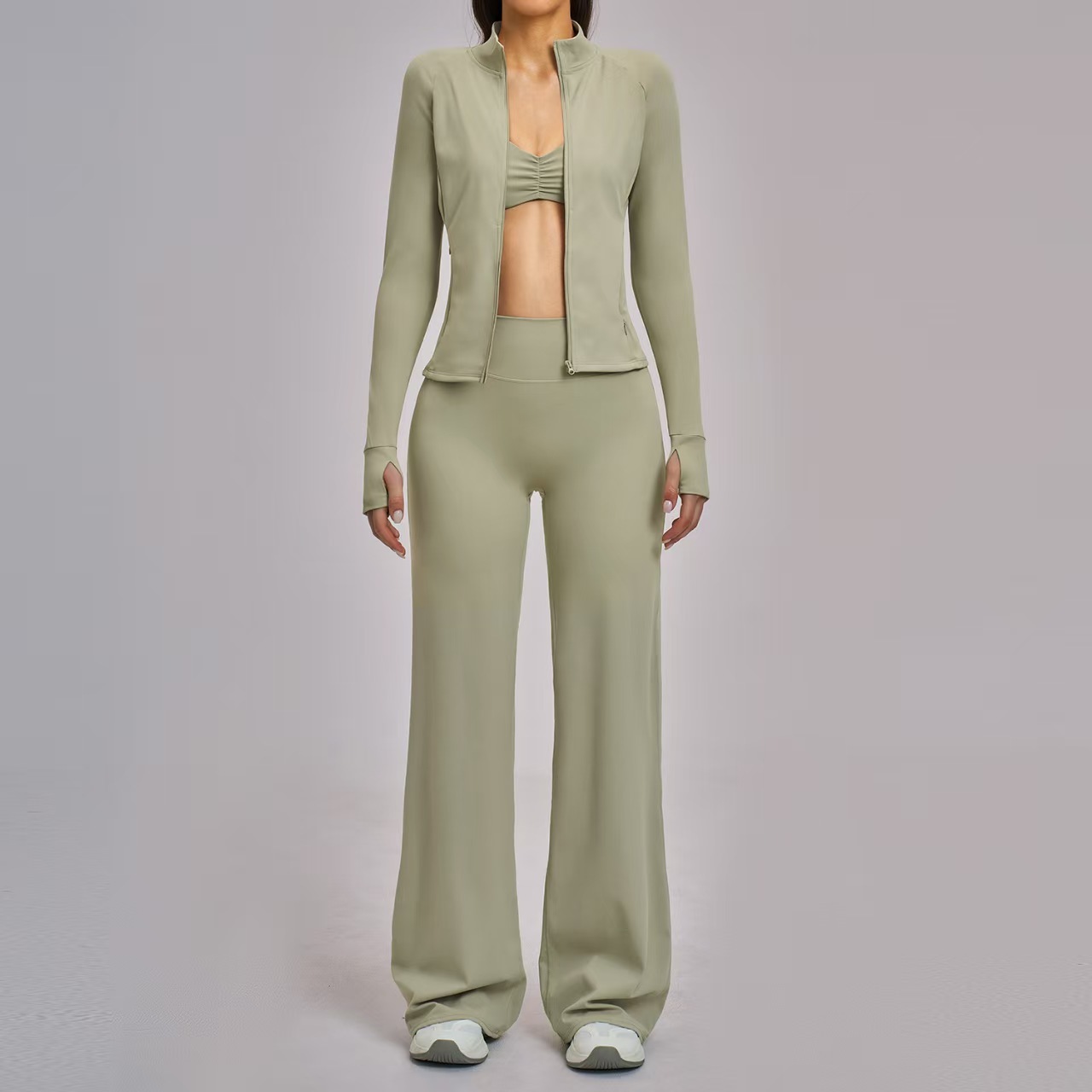 2026 New Fashion Activewear Three-piece Yoga Set Sports Bra Zipper Jacket Wide-leg Pants Outdoor Running Fitness for Women