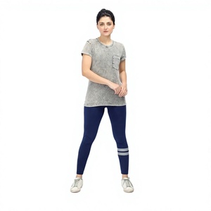 T-shirt en coton gris délavé à manches courtes, col rond, coupe ajustée, motif tricoté respirant sur le devant, motif lettres, pour femme - Product Image 3