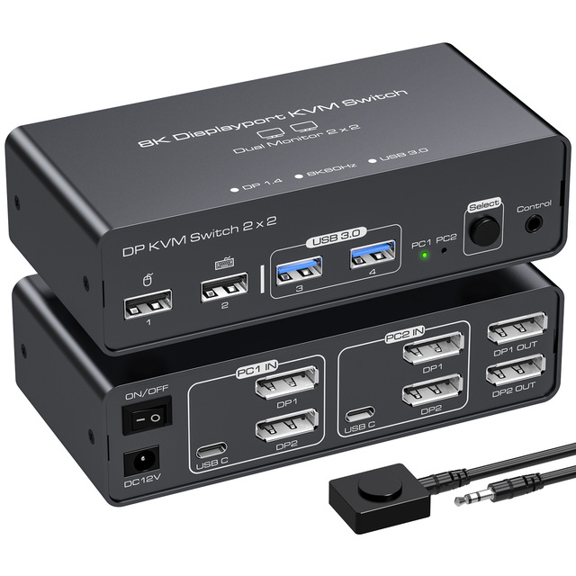 DP KVM Switch 2x2,Dual DisplayPort KVM Switcher with USB 3.0/2.0 Hub,8K60Hz/4K144Hz Support, Desktop Controller Extend/Copy Mode