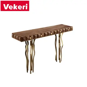 Contemporary vintage brown solid wood and gold metal combination console table for hallway and living room