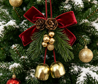 Décoration de Noël en forme de cloche et de cône de pin, avec nœud en velours, branche de sapin artificielle, pour arbre de Noël, vente en gros
