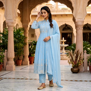 Ensemble Anarkali indien pakistanais en georgette brodée bleu clair à séchage rapide avec churidar et dupatta pour mariage et fête - Product Image 1