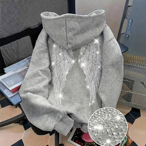 Rhinestone Angel Wings Hoodie Unisex Maroon Cotton Knitted Casual Autumn Pullover Sweatshirt, Custom Rhinestone Craft Available - Product Image 3