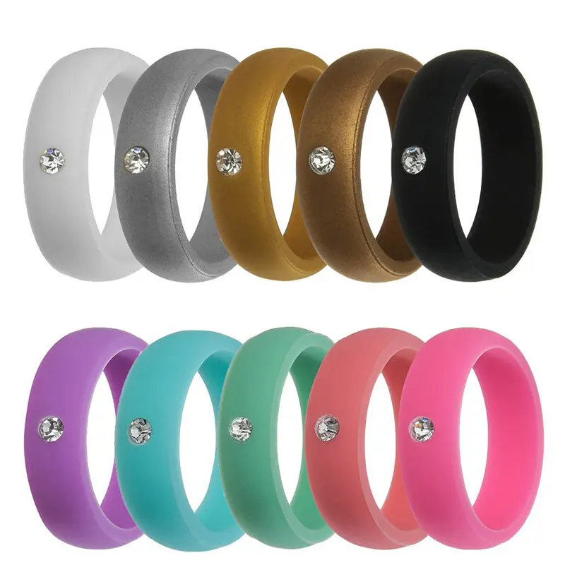 10pcs/pack Silicone rings with diamond inlay for marriage 5.7mm width band diamond girl's silicone ring