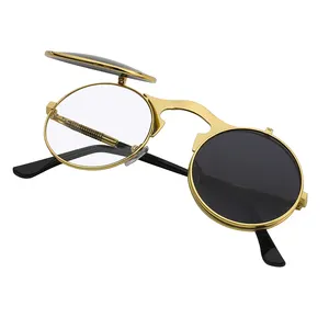 Venta al por mayor steampunk gafas de sol ronda flip-Gafas de sol clásicas con doble lente, lentes de Metal Punk, redondas, Steampunk, abatibles, Clip, Vintage