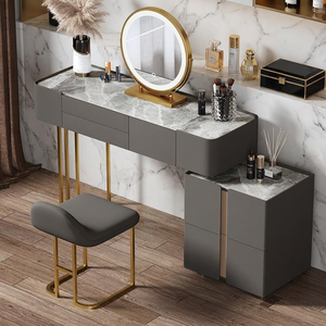 Ensemble de <span class=keywords><strong>commode</strong></span> moderne en bois massif avec miroir éclairé réglable et tabouret, coiffeuse minimaliste pour chambre à coucher, 2 tiroirs - Product Image 4