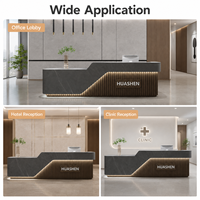 Comptoir de réception asymétrique en bois avec éclairage LED chaud, plaque de logo en bois personnalisée, comptoir de caisse pour bureau et hôtel