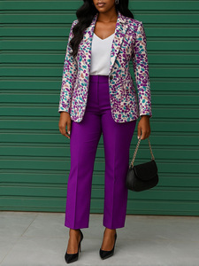Promo! Jas Wanita Motif Bunga, Kerah Notch Kancing Tunggal Lengan Panjang Kasual untuk Kantor - Product Image 4