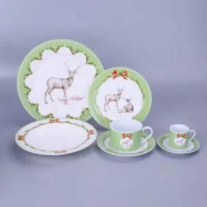 28PCS圣诞麋鹿设计陶瓷餐盘带杯套礼品盒骨瓷餐盘陶瓷餐具