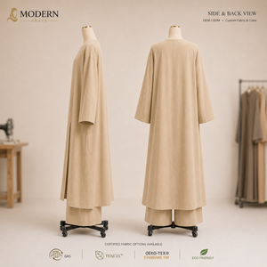 Set Abaya Minimalista in Misto Lino OEM, Vestiti Lunghi <span class=keywords><strong>con</strong></span> <span class=keywords><strong>Maniche</strong></span> <span class=keywords><strong>Lunghe</strong></span> e Pantaloni a Gamba Larga per Donne - Product Image 2