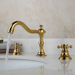 Classic Brass Gold Plated Dual Handle Deck Mounted Bathroom Faucet Mixers 3 Hole Golden Basin Cold Hot Water Taps