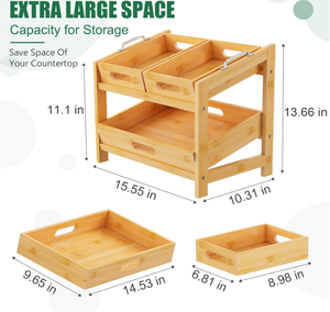 Corbeille à fruits et légumes moderne à double niveau en bambou, avec support pour ustensiles de cuisine en bois et outils de nettoyage, installation sur pied - Product Image 6