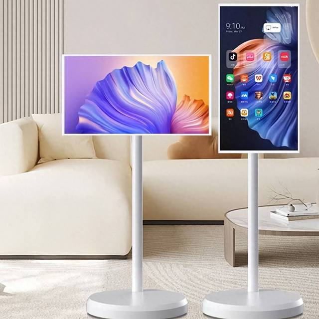 32 Inch HD 1080p IPS White Portable Smart Gynoid TV Android 14 Movable 10 Point Touch Screen Monitor 8MP Camera Voice Remote