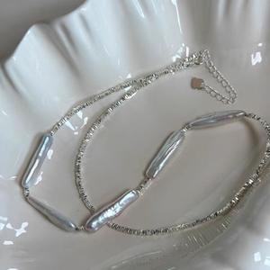 Collar de Plata Gris con Perla Barroca Natural, Diseño Francés, Lujo Ligero, Cadena de Clavícula Rota de Plata S925 - Product Image 3