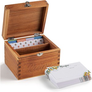 Wooden Recipe <b>Storage</b> <b>Box</b> 17.8x15.2x14cm Engraved Flip Top For <b>Kitchen</b> Recipe Cards - Product Image 5