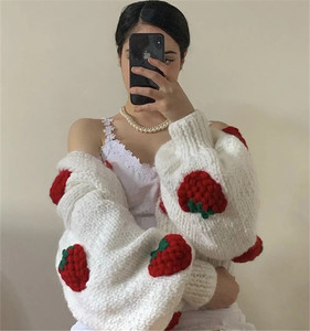 Chunky Handmade Oversize Knitted Sweater 3D Hand Knit <strong>Strawberry</strong> Cropped Cardigan for Plus Size Women Winter Short <strong>Top</strong> - Product Image 3