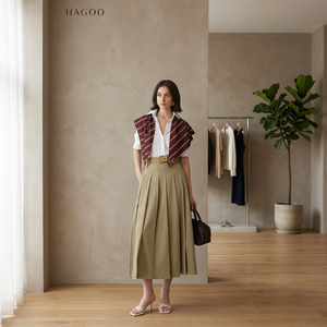 CV779 Falda Midi Plisada Color Caqui de Talle Alto, Directo de Fábrica, Proveedor de Faldas de Algodón Tejido Resistente - Product Image 1