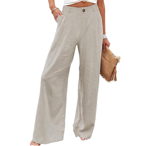 Pantalon large à taille mi-haute en coton et lin, léger et écologique pour femmes, plissé devant, printemps/été, taille élastique, coloré - Product Image 4