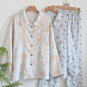 Algodón doble gasa romántico invierno manga larga cintura elástica transpirable lindo mujeres dibujos animados estampados <span class=keywords><strong>pijamas</strong></span> ODM/OEM logotipo personalizado - Product Image 1