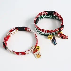 Entzückendes Chirimen-Katzen halsband mit Glücks glocke, hand gefertigtes Druck halsband im japanischen Stil für Kätzchen Halloween Christmas Etc - Product Image 4