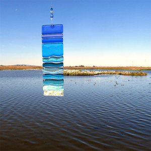 Art mural en verre fusionné, turquoise, bleu océan, motif <span class=keywords><strong>de</strong></span> vagues, art artisanal en verre fusionné, attrape-soleil, design en verre fusionné, panneau en verre - Product Image 2