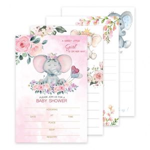 Floral Pink Blue Elephant Invitations for Boy Girl Set of 25 - Product Image 1