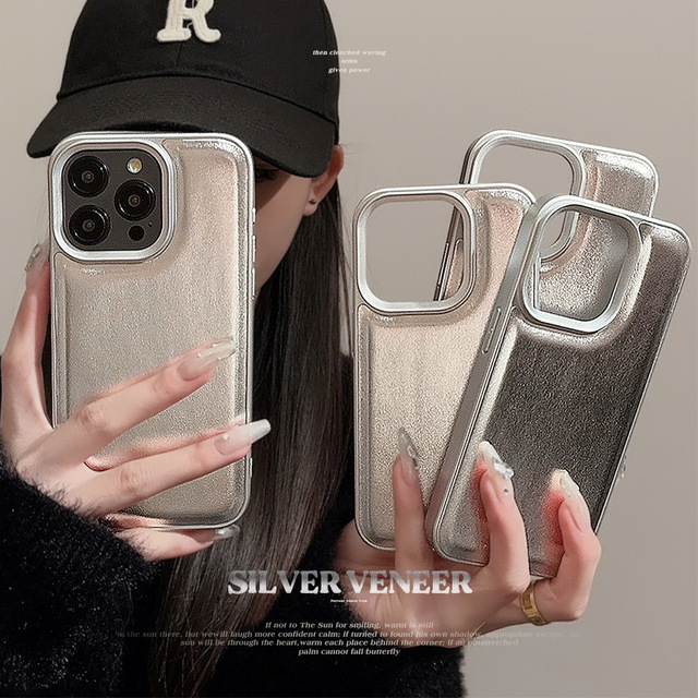 For iphone 11 12 13 14 Plus 15 Pro Max Simple Style Silver PU Leather Mobile Phone Case