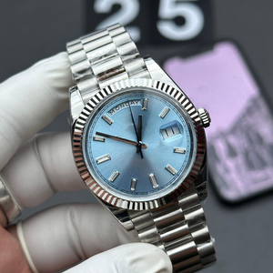 Montres mécaniques automatiques 40 mm en métal doré avec lunette cannelée, cadran bleu glace, date, <span class=keywords><strong>montre</strong></span> de luxe pour homme avec diamants, platine, modèle Président - Product Image 2