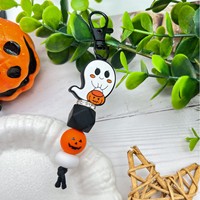 Porte-clés noir perlé en silicone avec strass, motif chauve-souris fantôme et crâne, breloque de sac pour fête d'Halloween, cadeau pour femmes et filles
