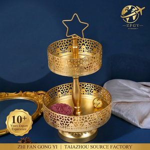Plateau de service à dessert en métal plaqué or personnalisé à 2 niveaux pour Ramadan et Eid Mubarak, motif château islamique, lune et étoile, fournisseur de décoration de table pour fête - Product Image 3